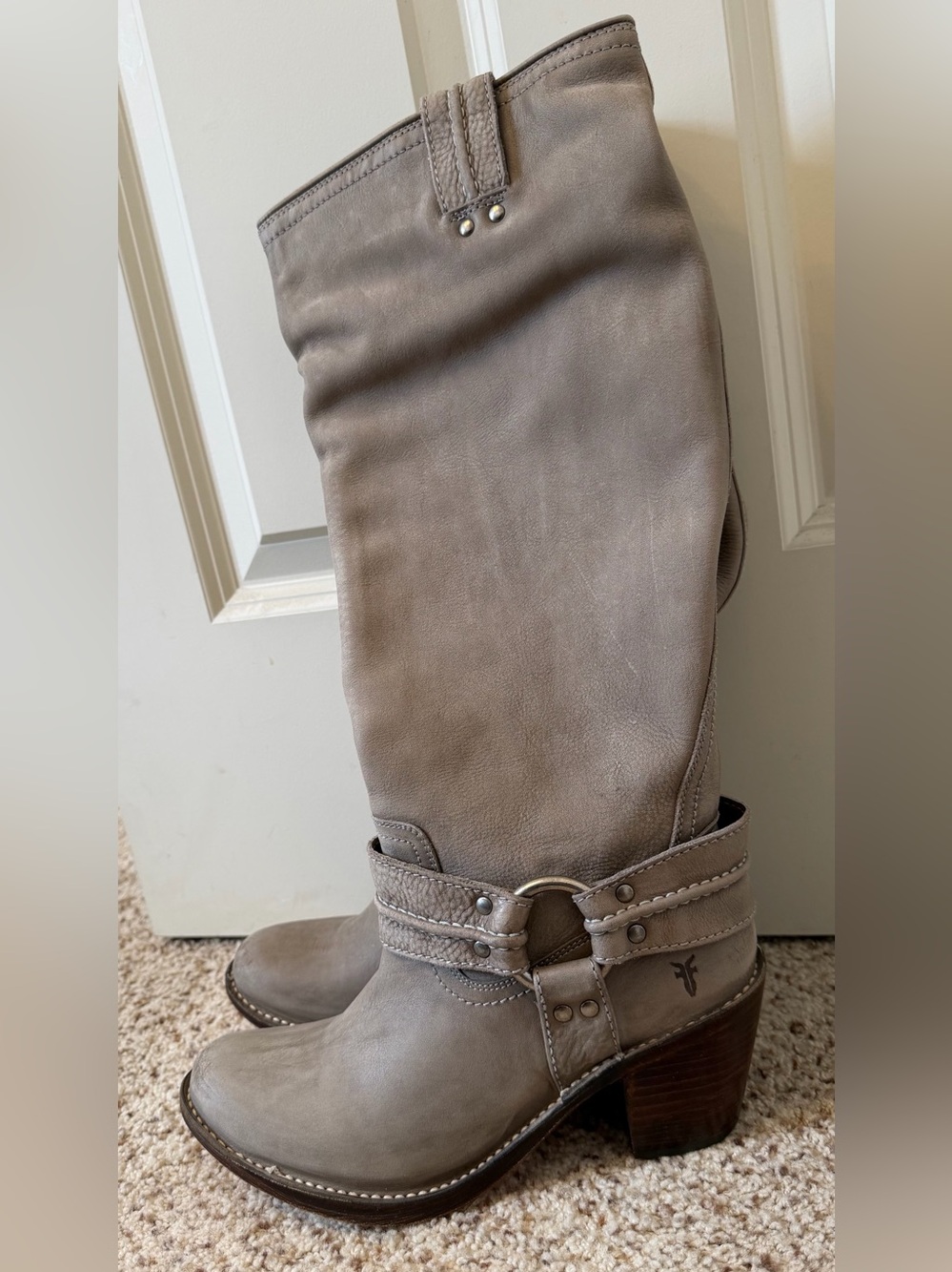 Frye Women’s Carmen Harness Tall Leather Boot in Gray, Size 8